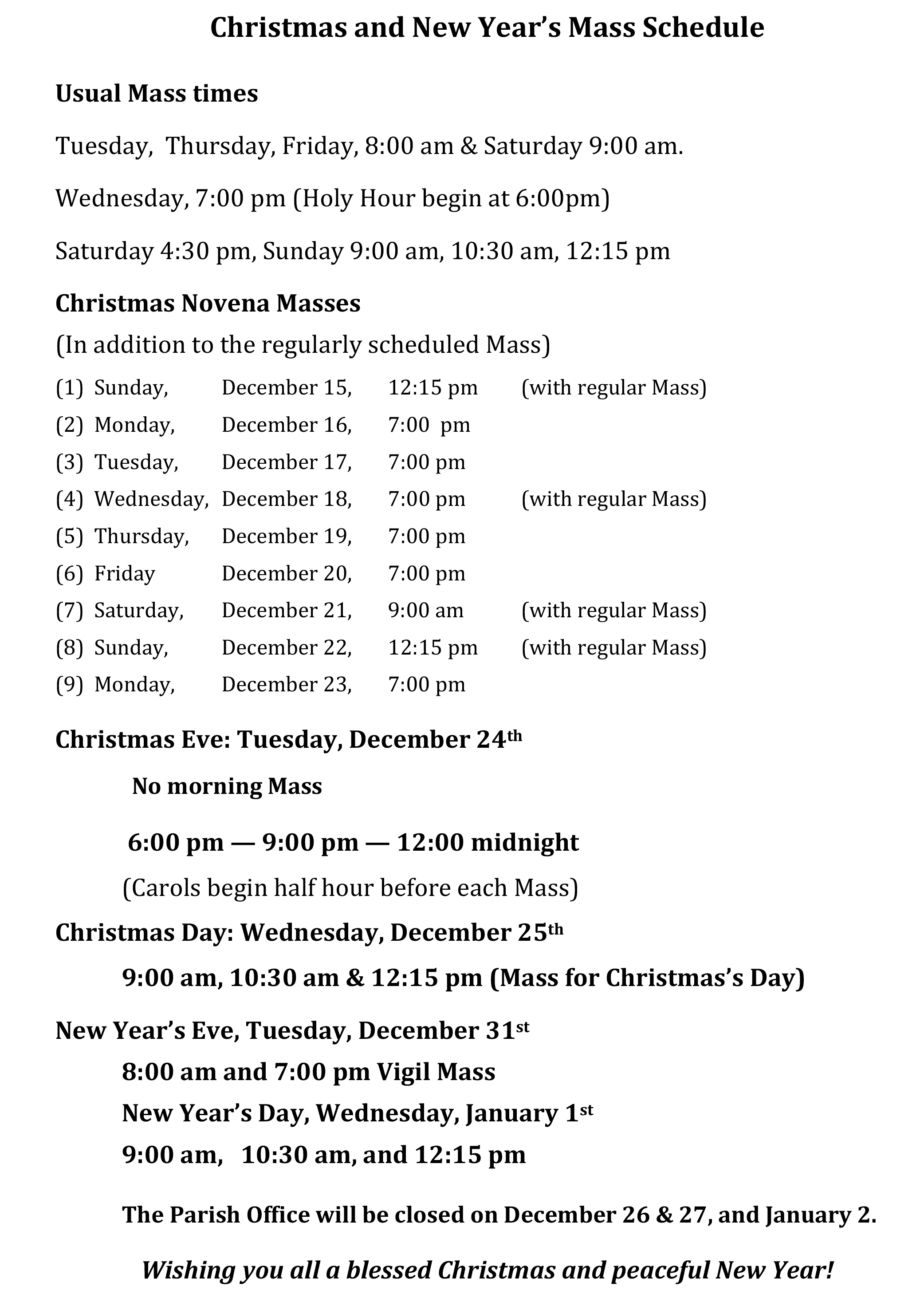 Christmas 2024 & New Year 2025 Schedule